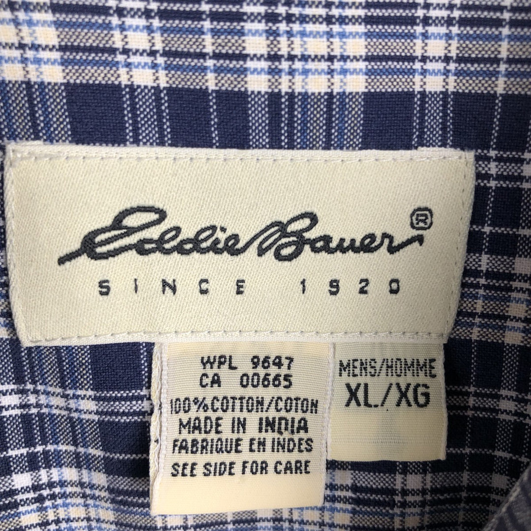 Eddie Bauer short sleeve button down check shirt, men's XL size cotton navy blue type Vintage Second Hand