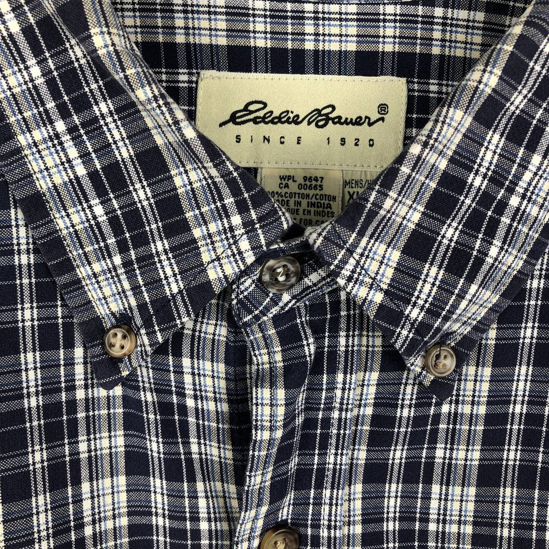 Eddie Bauer short sleeve button down check shirt, men's XL size cotton navy blue type Vintage Second Hand