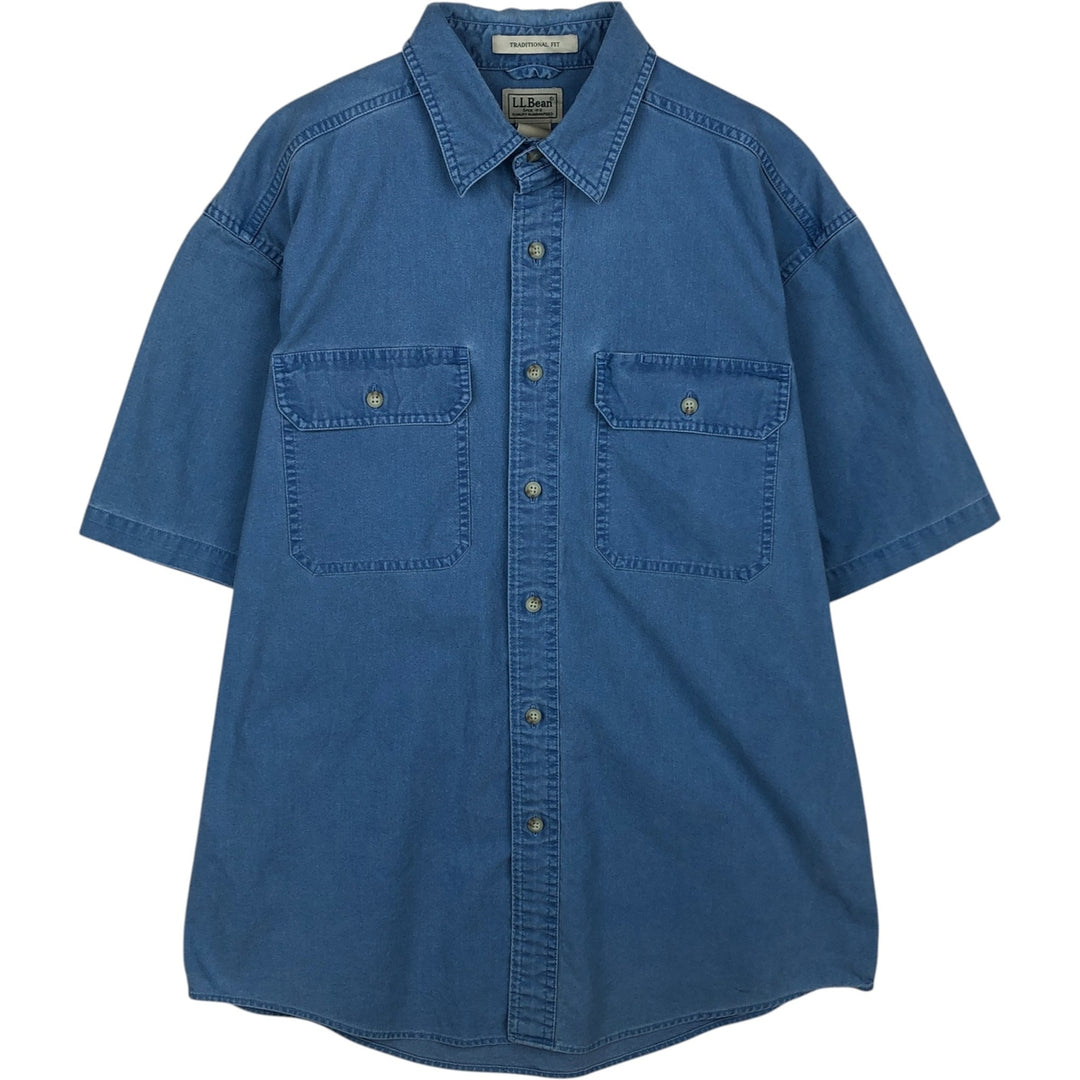 90s-00'S Vintage LLBean Traditional Fit Short Sleeve Cotton Shirt, Men's Size Medium cotton blue type Vintage Second Hand