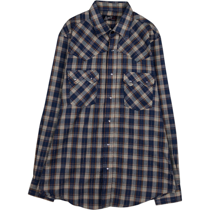 70s-80'S Levi's Long-Sleeve Western Flannel Check Shirt, Made in USA, Men's Size L (Equivalent), Vintage polyester blue type Vintage Second Hand