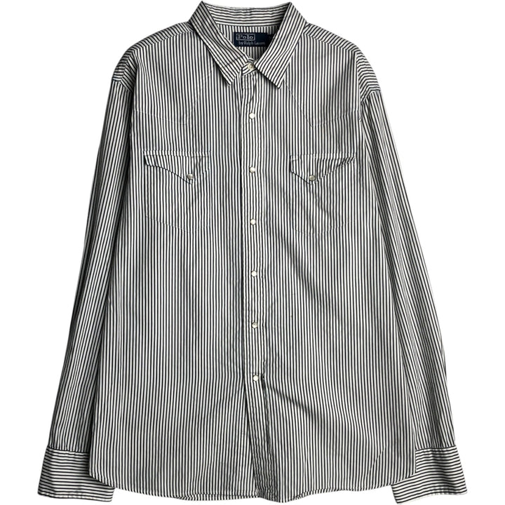 Ralph Lauren POLO by Ralph Lauren Striped Pattern Long-Sleeve Western Shirt, Men's Size XL (approx.) cotton white type Vintage Second Hand