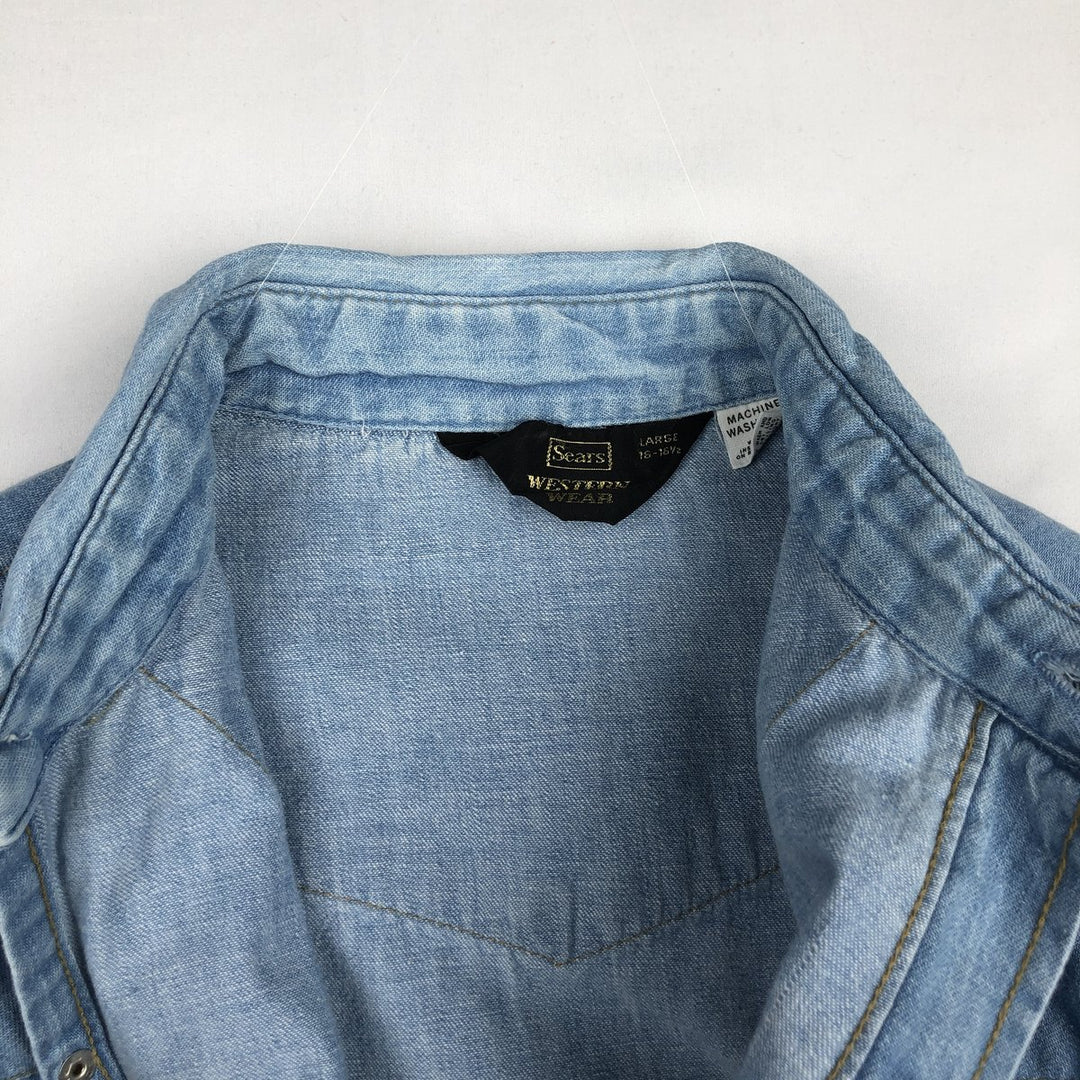 1970'S Sears Long-Sleeve Denim Western Shirt, Men's Size L (approx.), Vintage unclear Blue type light blue Vintage Second Hand