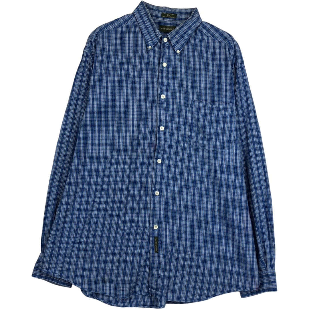Dockers Check Pattern Long-Sleeve Linen Button-Down Shirt, Men's Size XL (approx.) linen blue type Vintage Second Hand