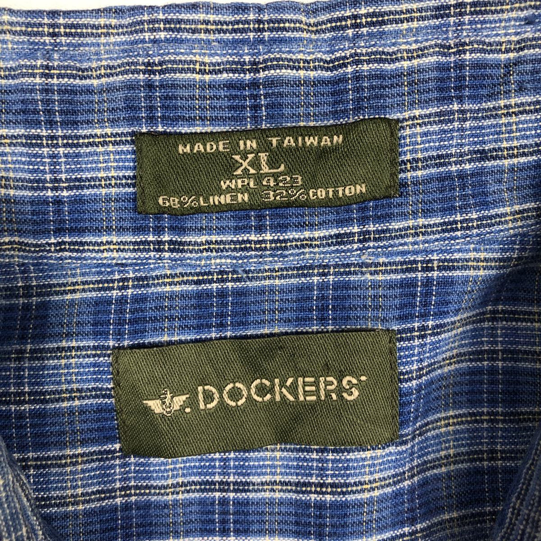 Dockers Check Pattern Long-Sleeve Linen Button-Down Shirt, Men's Size XL (approx.) linen blue type Vintage Second Hand