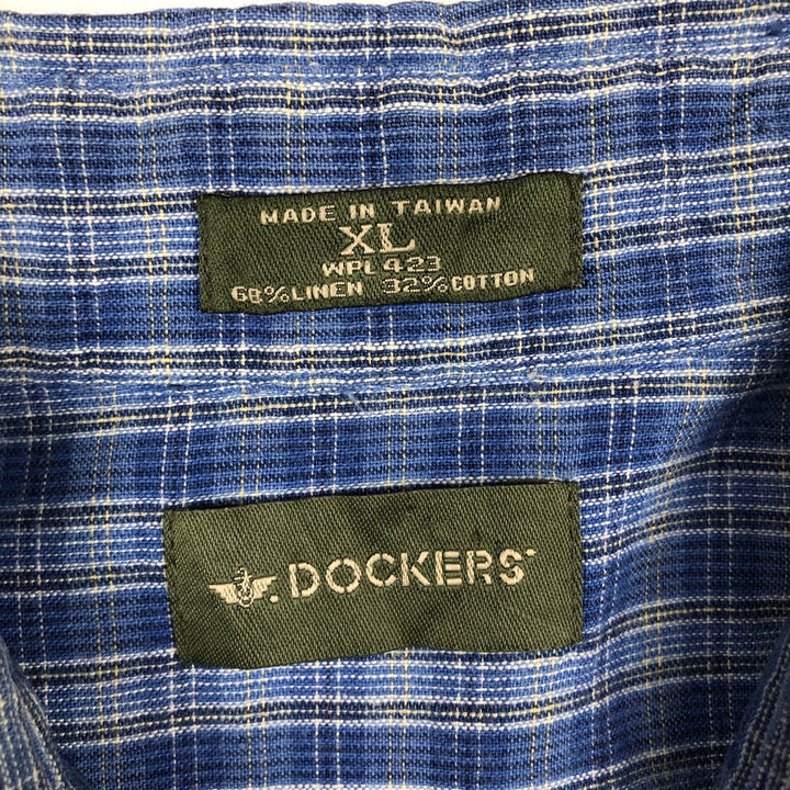 Dockers Check Pattern Long-Sleeve Linen Button-Down Shirt, Men's Size XL (approx.) linen blue type Vintage Second Hand