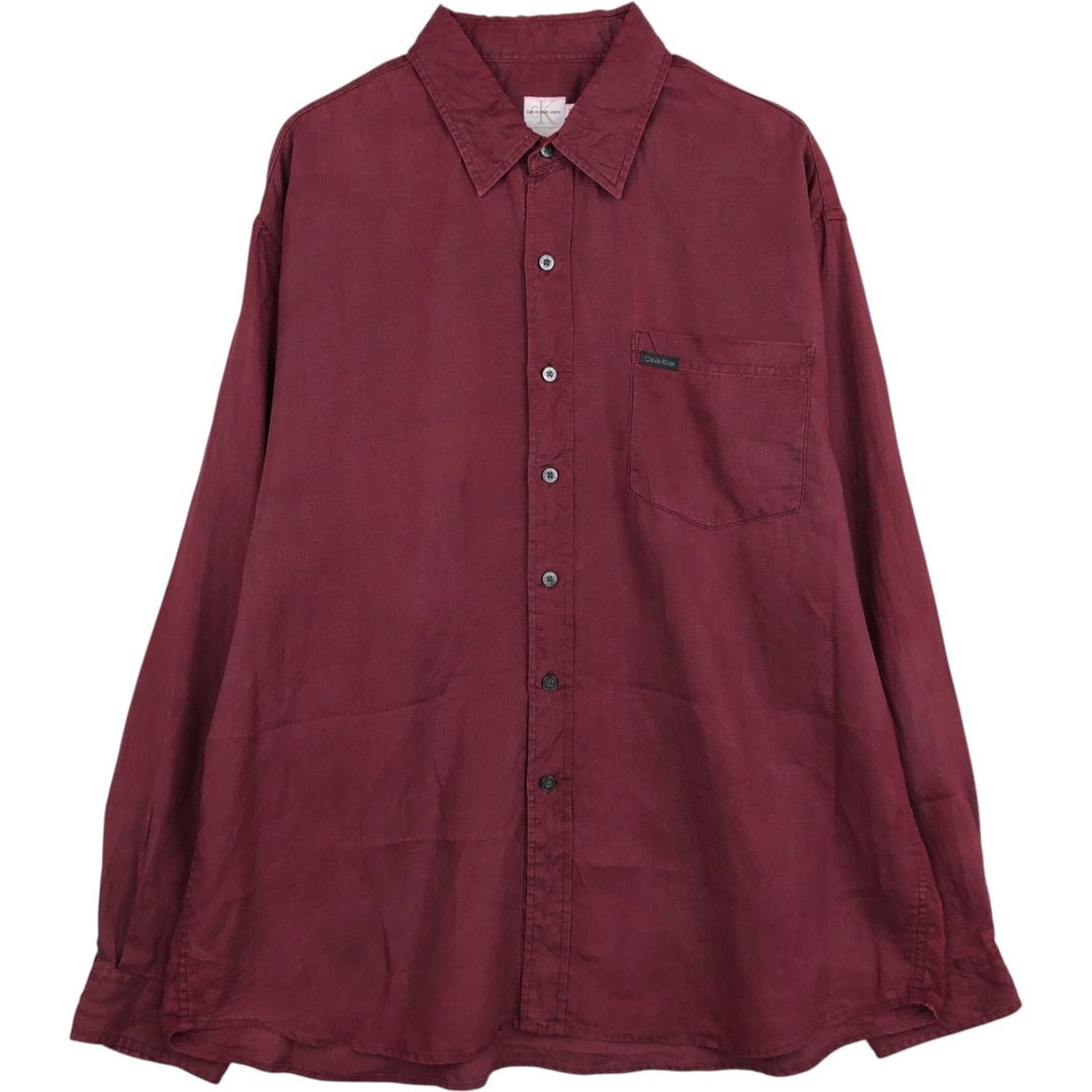 90s-00'S Calvin Klein long-sleeved linen shirt, men's size XL equivalent, vintage. linen wine-red Vintage Second Hand