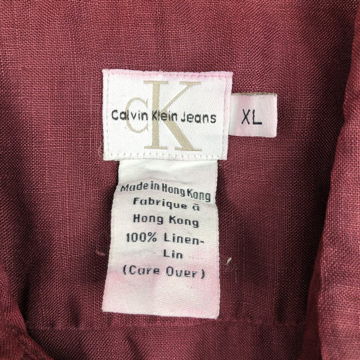 90s-00'S Calvin Klein long-sleeved linen shirt, men's size XL equivalent, vintage. linen wine-red Vintage Second Hand