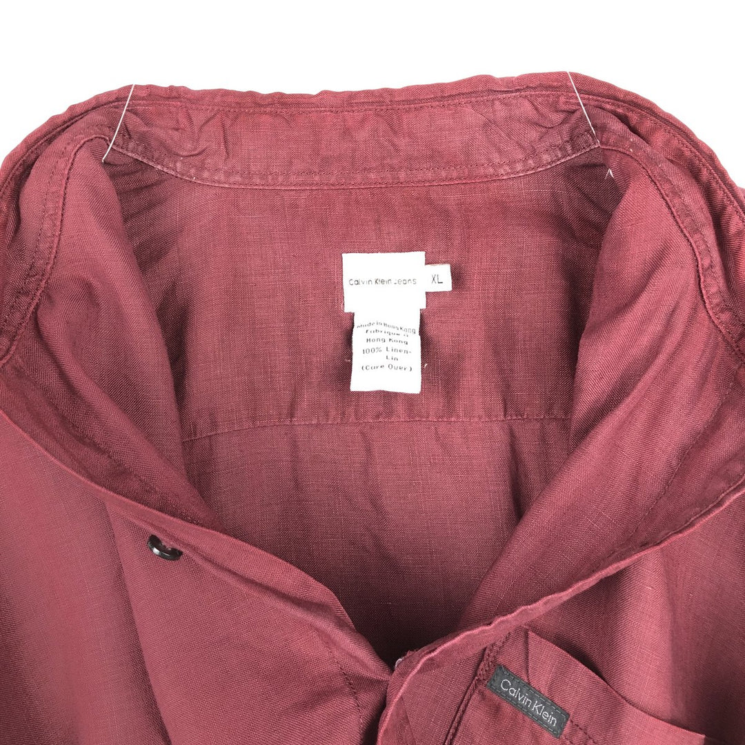 90s-00'S Calvin Klein long-sleeved linen shirt, men's size XL equivalent, vintage. linen wine-red Vintage Second Hand