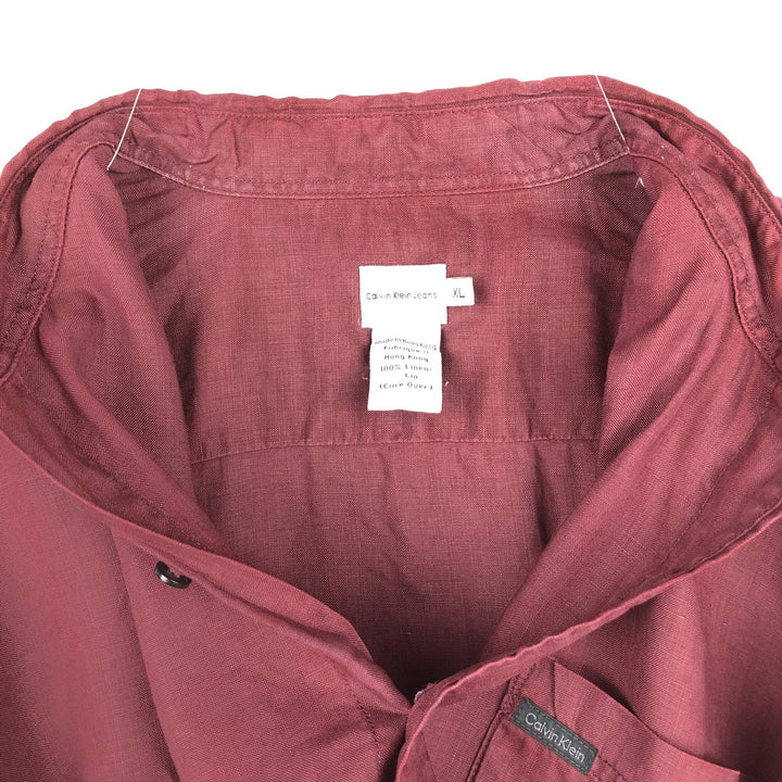 90s-00'S Calvin Klein long-sleeved linen shirt, men's size XL equivalent, vintage. linen wine-red Vintage Second Hand