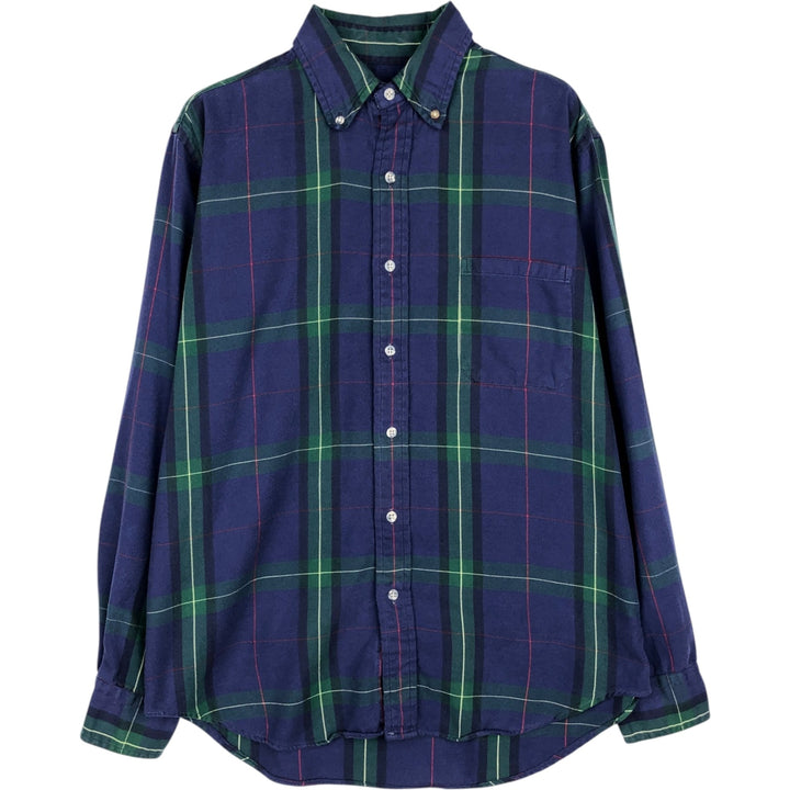 80s-90'S L.L.Bean RANGELEY Long-Sleeve Button-Down Check Shirt, Made in USA, Men's Size M (Equivalent), Vintage cotton navy blue type Vintage Second Hand