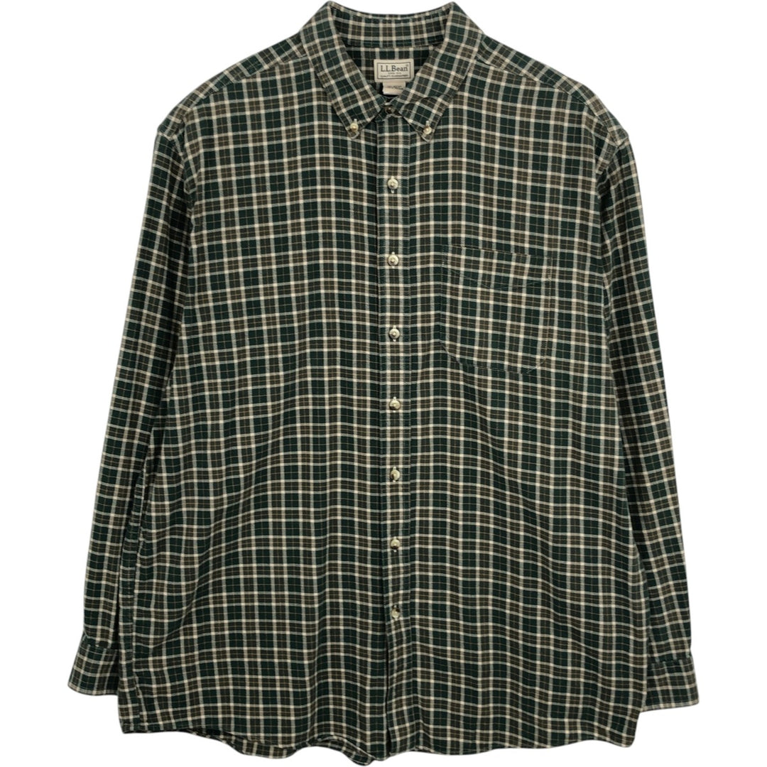 90s-00'S LLBean Long Sleeve Button-Down Check Shirt, Men's Size XL, Vintage cotton Khaki type Vintage Second Hand