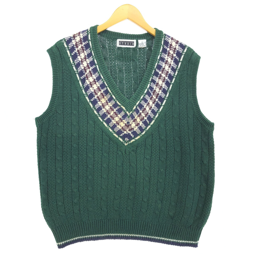 STUDIO All-over Pattern Cable Knit V-Neck Ramie x Cotton Knit Vest Men's Size L /eaa478679