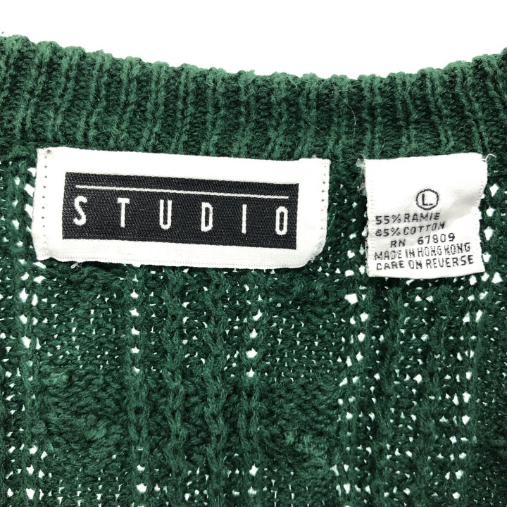 STUDIO All-over Pattern Cable Knit V-Neck Ramie x Cotton Knit Vest Men's Size L /eaa478679