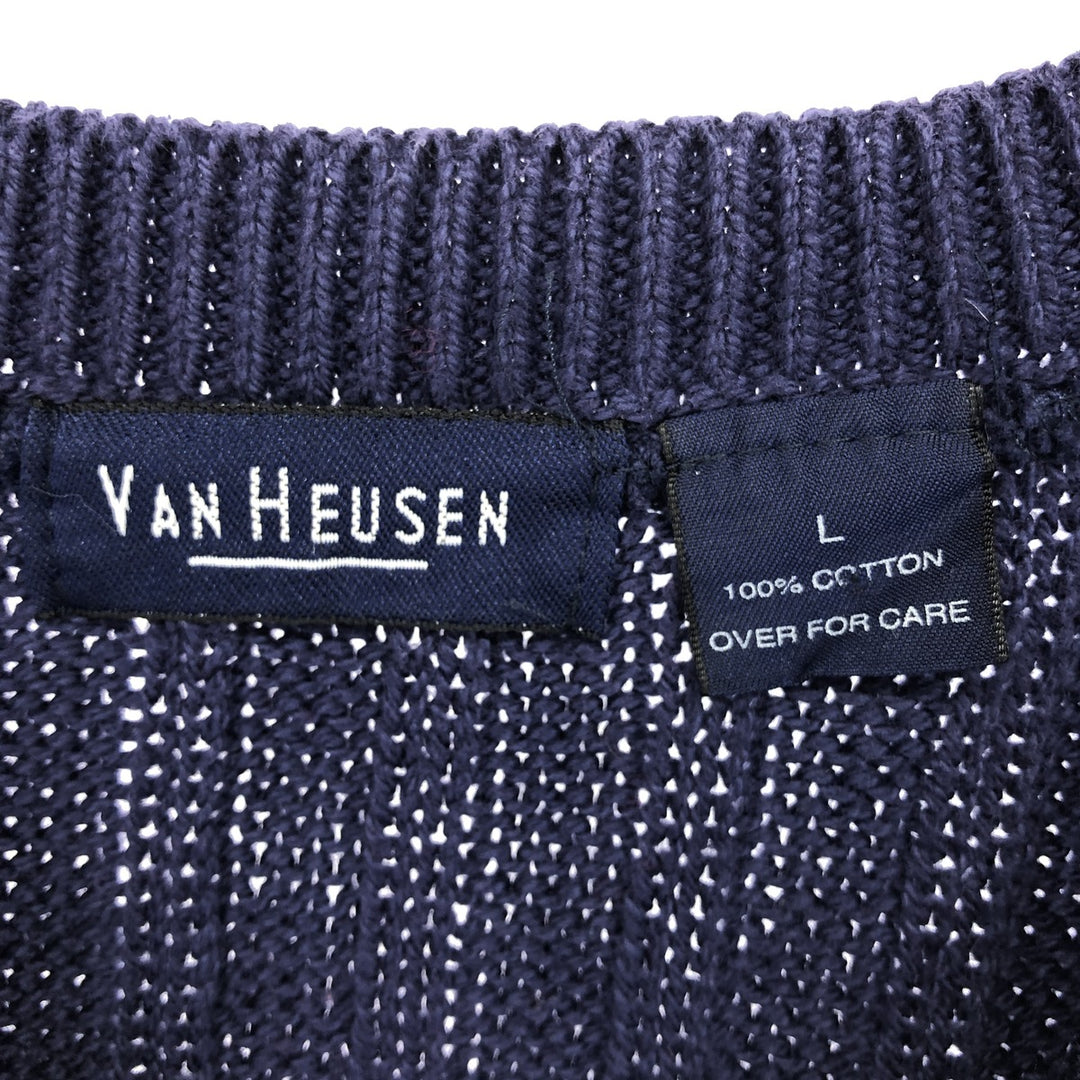 VAN HEUSEN Cable Knit V-Neck Cotton Knit Vest Made in USA Men's L size /eaa478681