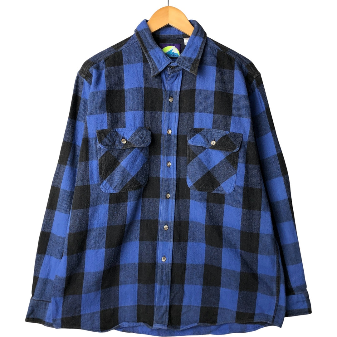 90'S NORTH CREST buffalo check long-sleeved flannel check shirt, men's size L cotton blue type Vintage Second Hand