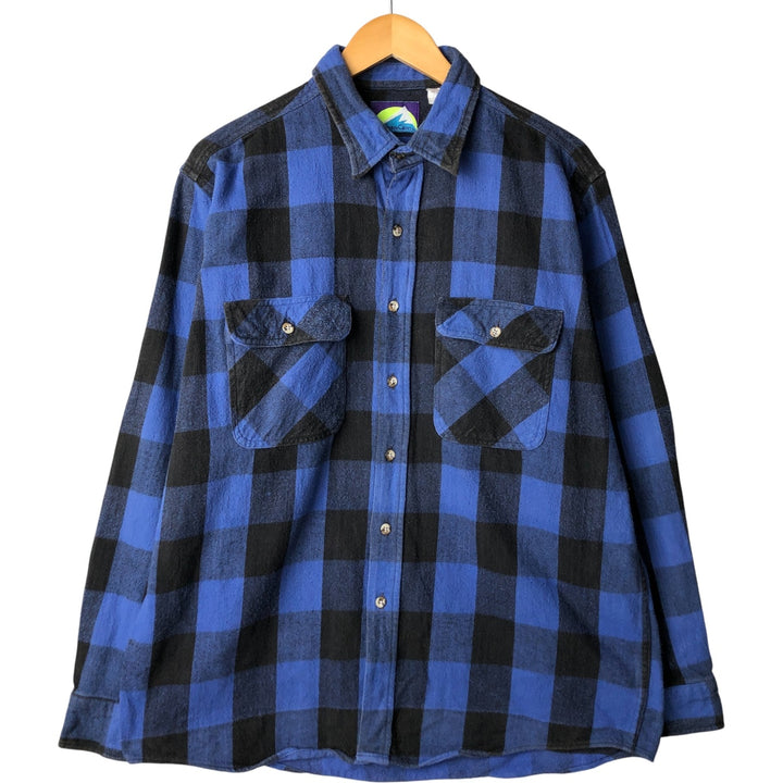 90'S NORTH CREST buffalo check long-sleeved flannel check shirt, men's size L cotton blue type Vintage Second Hand
