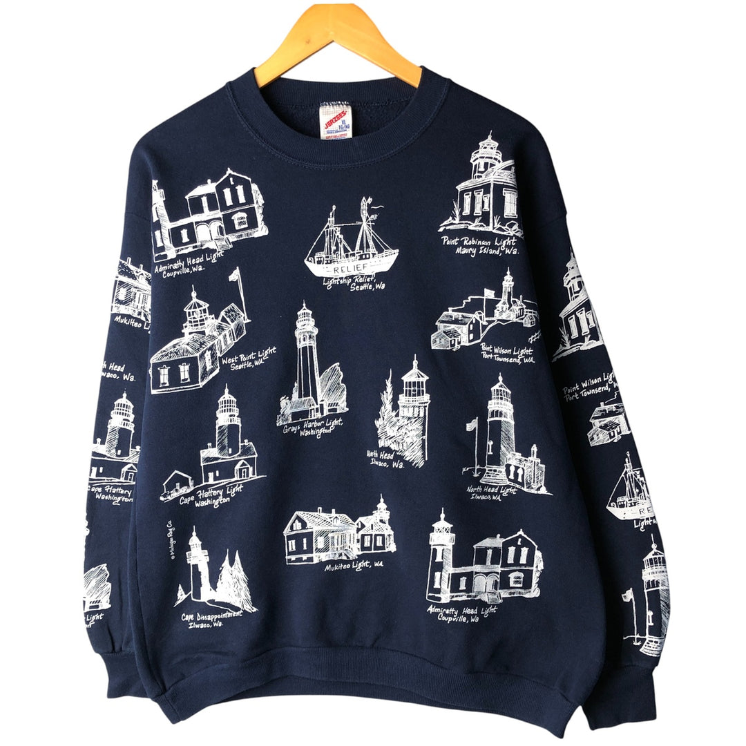 Vintage 80s-90'S Jerzees all-over print sweatshirt, made in the USA, men's size XL cotton navy blue type Vintage Second Hand