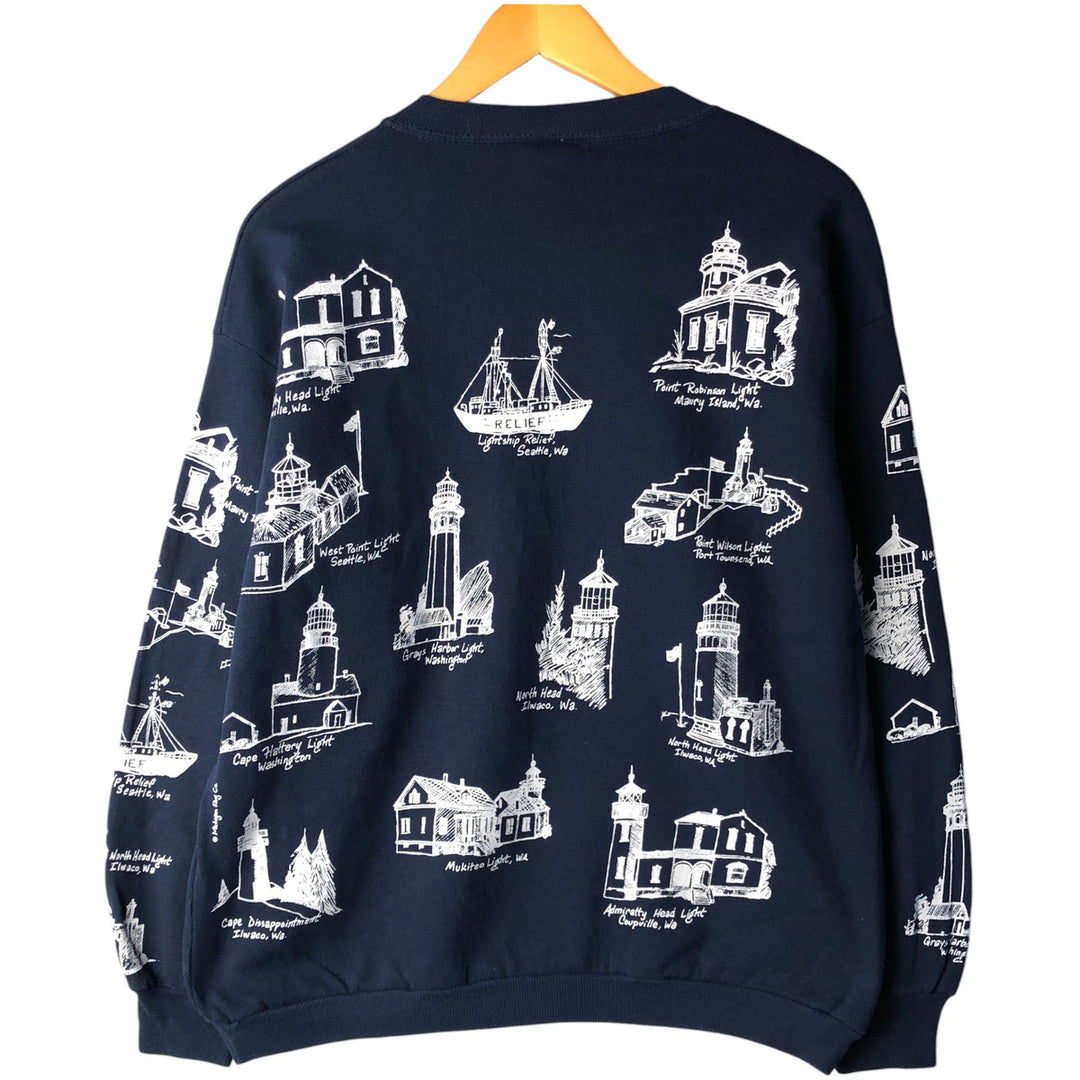 Vintage 80s-90'S Jerzees all-over print sweatshirt, made in the USA, men's size XL cotton navy blue type Vintage Second Hand