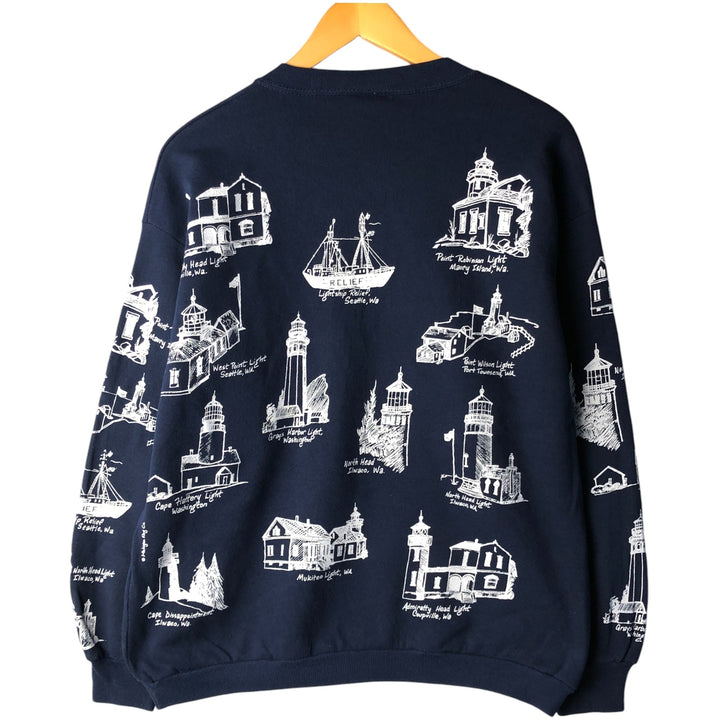 Vintage 80s-90'S Jerzees all-over print sweatshirt, made in the USA, men's size XL cotton navy blue type Vintage Second Hand