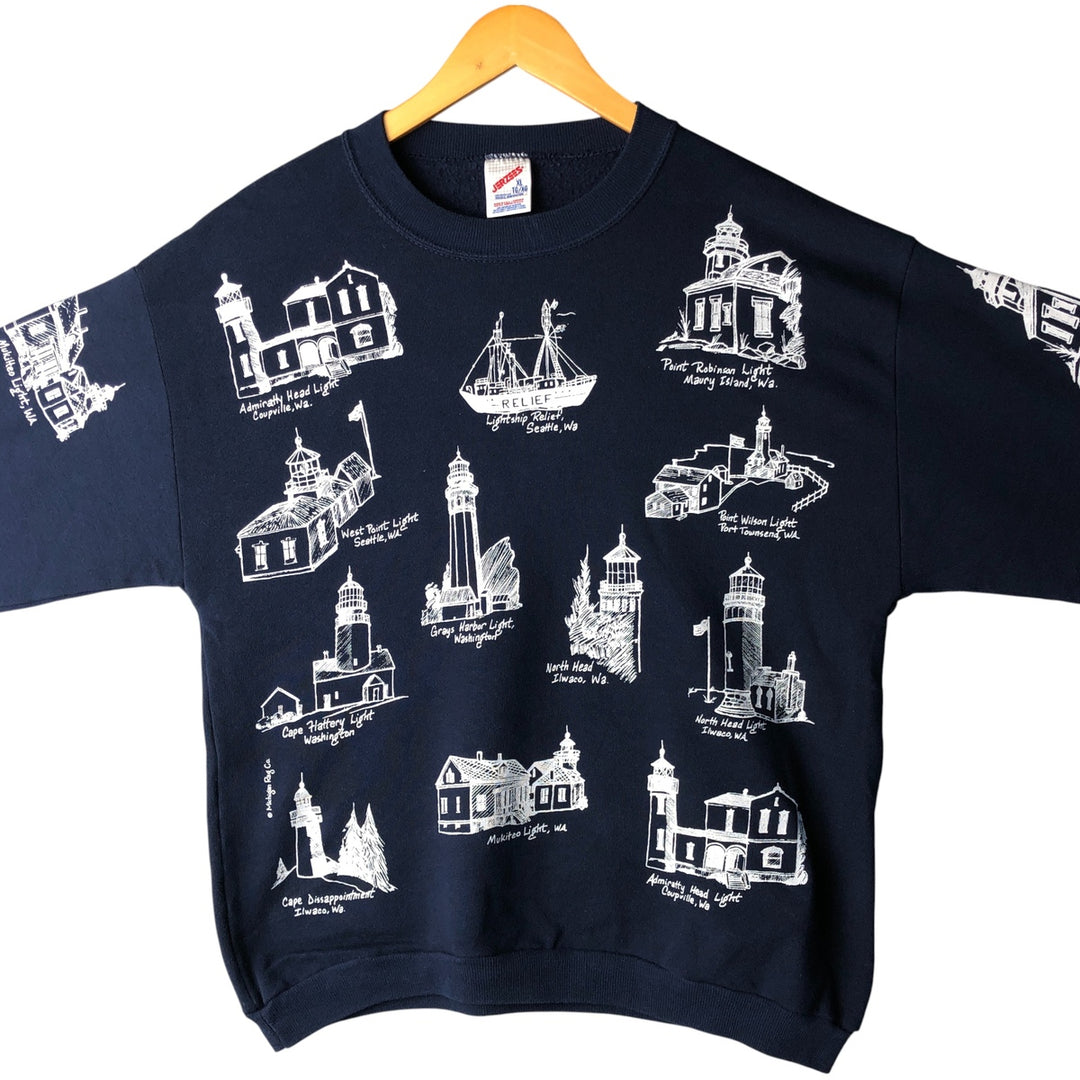 Vintage 80s-90'S Jerzees all-over print sweatshirt, made in the USA, men's size XL cotton navy blue type Vintage Second Hand