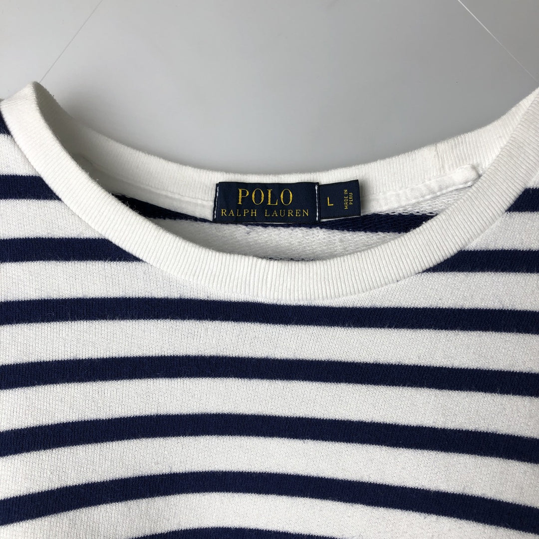 Ralph Lauren POLO RALPH LAUREN Striped Pattern Logo Sweatshirt, Men's Size L cotton Navy blue Vintage Second Hand