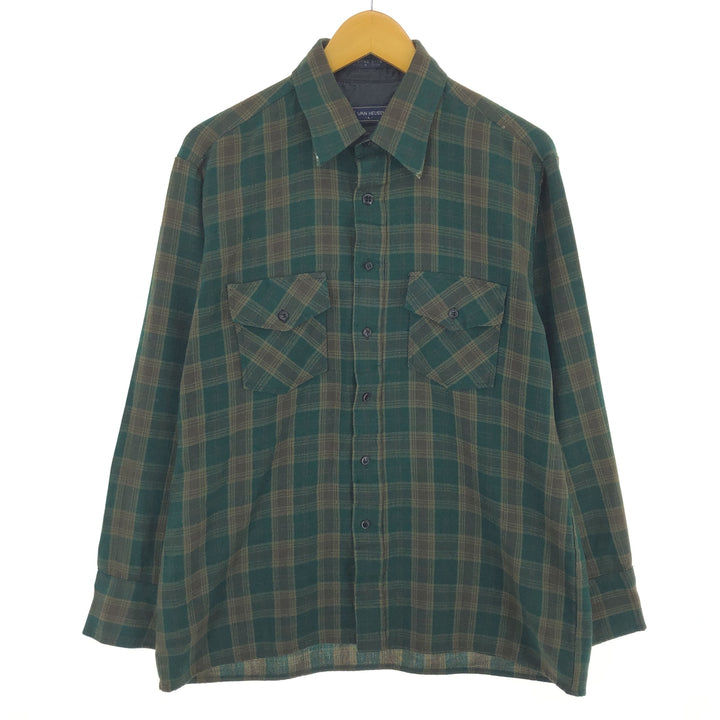 1980'S VAN HEUSEN WINTERWEIGHTS Long Sleeve Light Flannel Check Shirt, Men's Size L, Vintage acrylic Green type dark green Vintage Second Hand