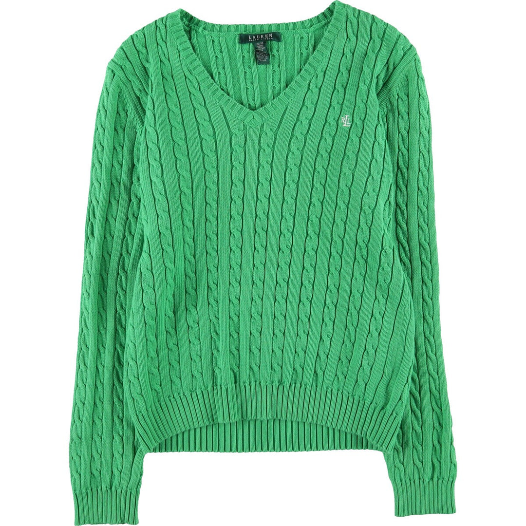 Ralph Lauren LAUREN Cable knit V-neck cotton knit sweater for women, size M / eaa481892