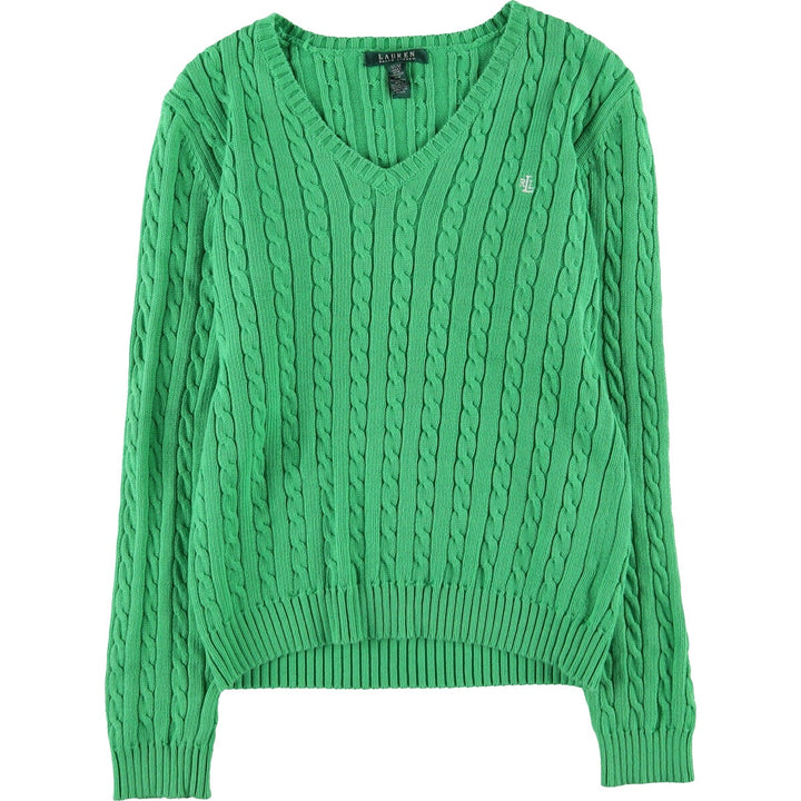 Ralph Lauren LAUREN Cable knit V-neck cotton knit sweater for women, size M / eaa481892