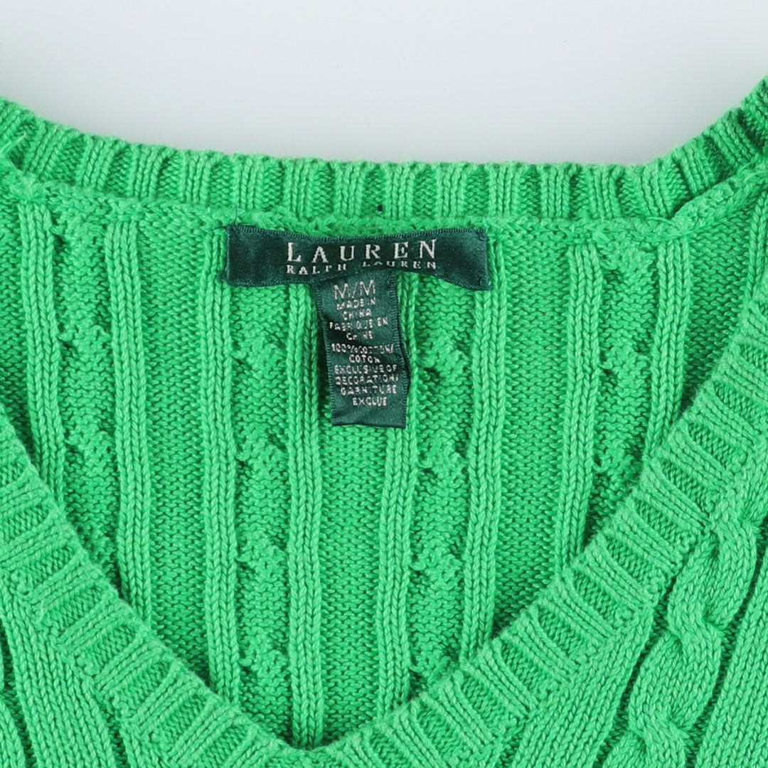 Ralph Lauren LAUREN Cable knit V-neck cotton knit sweater for women, size M / eaa481892