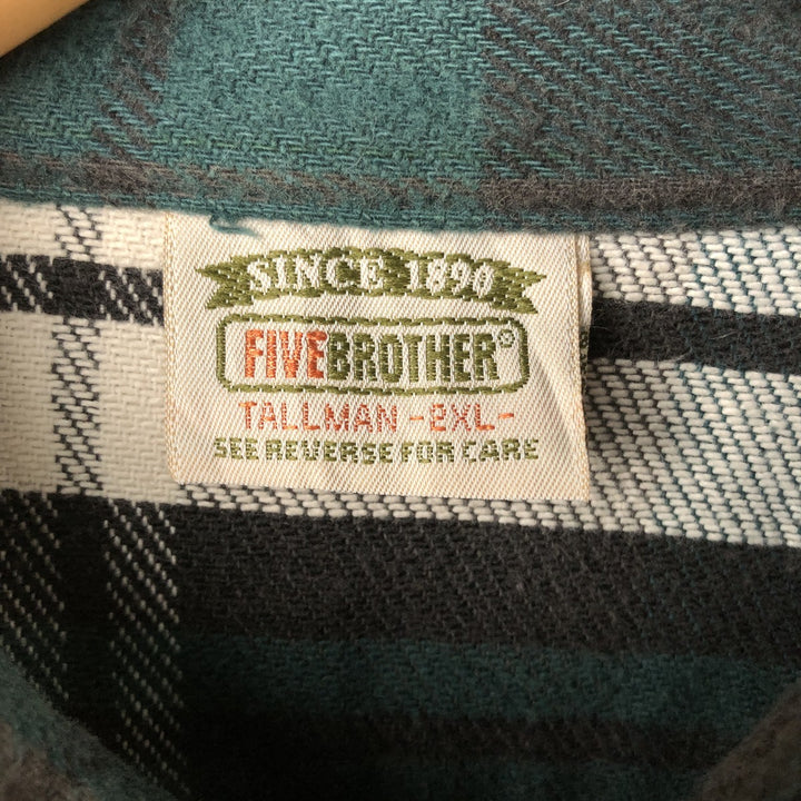 90'S Vintage Five Brother FIVEBROTHER Long Sleeve Flannel Check Shirt, Made in USA, Men's XXL cotton dark green Vintage Second Hand
