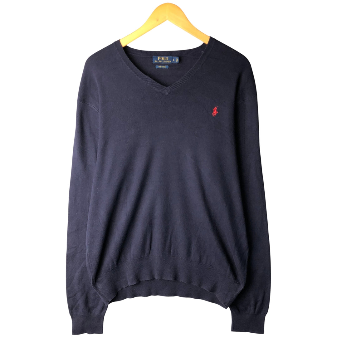 Ralph Lauren POLO RALPH LAUREN PIMA COTTON V-neck Pima cotton knit sweater, men's size L Pima Cotton navy blue type Vintage Second Hand
