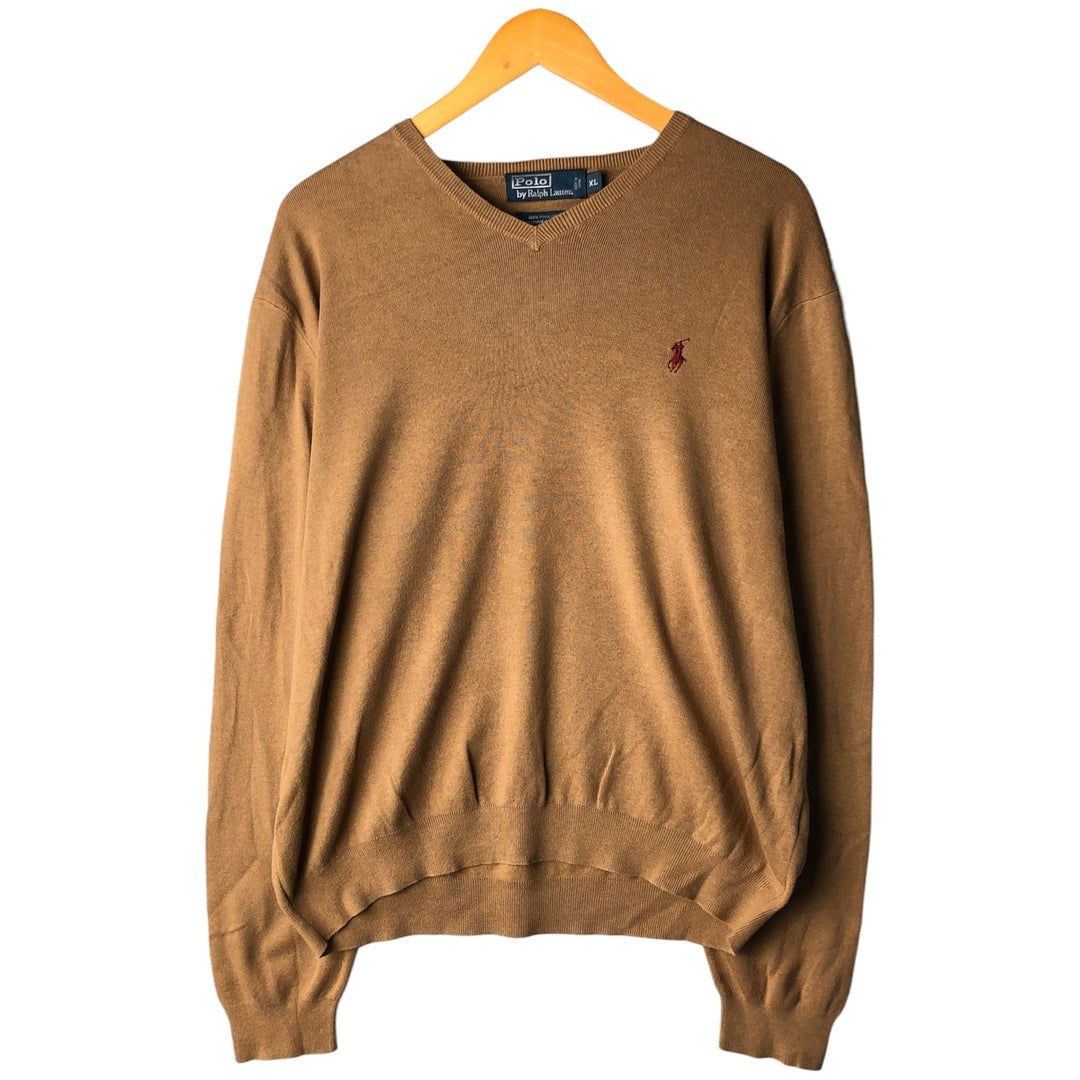 Ralph Lauren POLO by Ralph Lauren V-neck Pima cotton knit sweater, men's size XL Pima Cotton brown type Vintage Second Hand