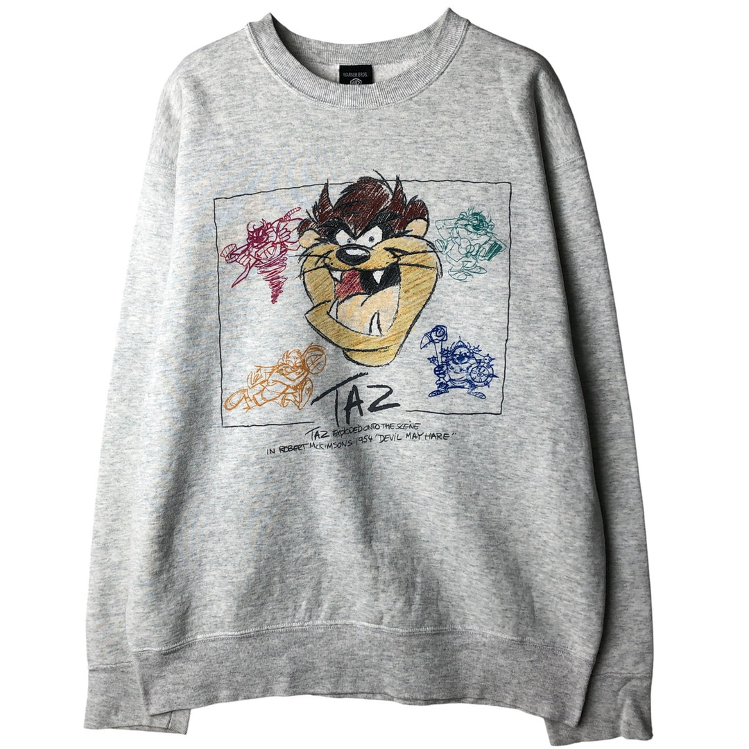 90'S Warner Bros. Looney Tunes Tasmanian Devil Character Sweatshirt, Made in USA, Men's Size L cotton gray type Vintage Second Hand