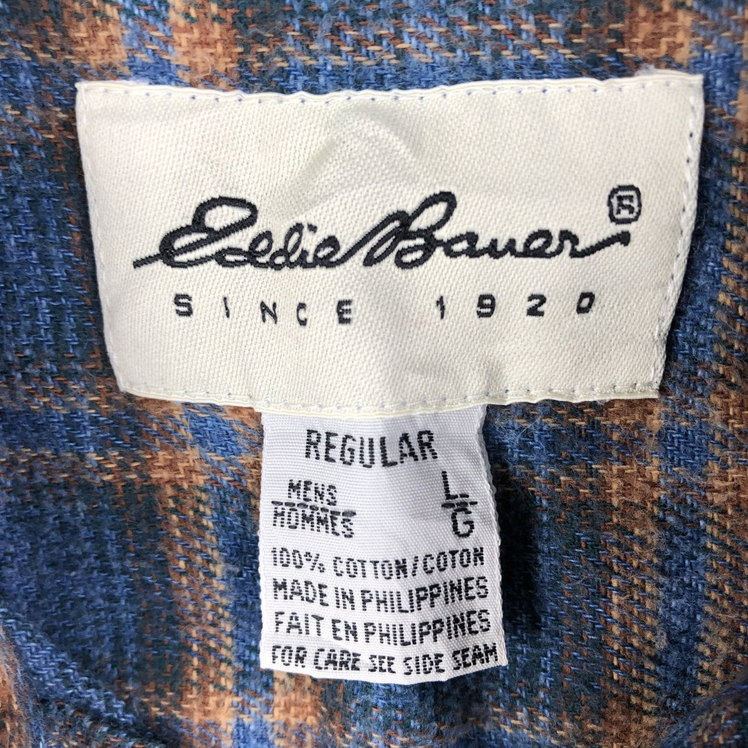 Eddie Bauer Long Sleeve Button Down Light Flannel Check Shirt, Men's Size L cotton blue type Vintage Second Hand