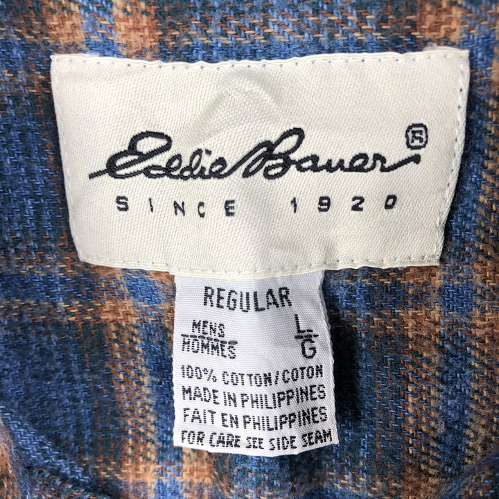 Eddie Bauer Long Sleeve Button Down Light Flannel Check Shirt, Men's Size L cotton blue type Vintage Second Hand