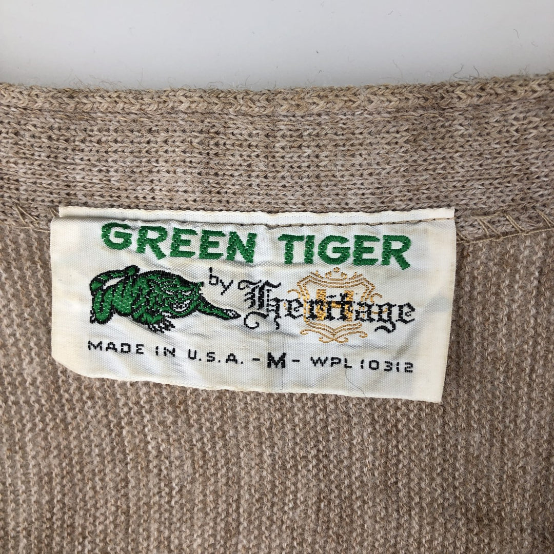 Vintage 1970'S Heritage Green Tiger acrylic knit cardigan, made in the USA, size M, men's acrylic Beige type Vintage Second Hand