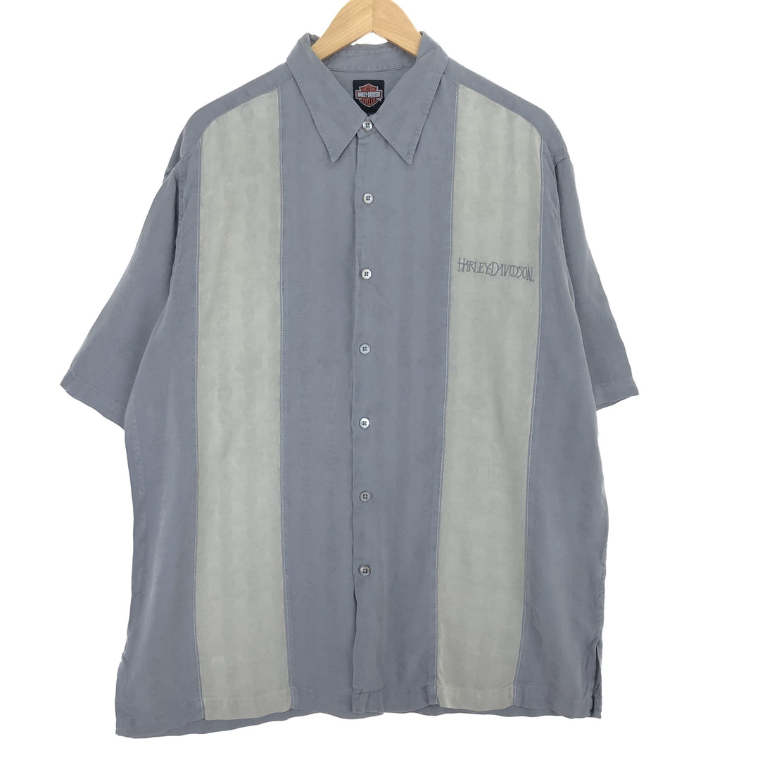 Harley-Davidson Skull Pattern Short Sleeve Silk Shirt, Men's Size XL silk gray type Vintage Second Hand