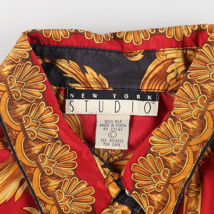 NEW YORK STUDIO All-over Baroque Pattern Long Sleeve Silk Blouse Women's Size L /eaa485577