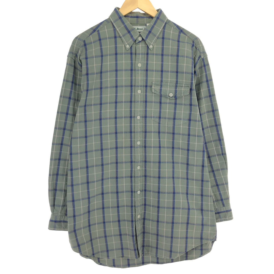 80'S LLBean Long Sleeve Button-Down Check Shirt, Men's Size L, Vintage cotton Khaki type sage green Vintage Second Hand