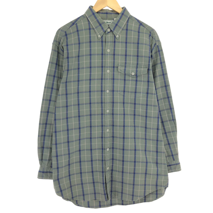 80'S LLBean Long Sleeve Button-Down Check Shirt, Men's Size L, Vintage cotton Khaki type sage green Vintage Second Hand