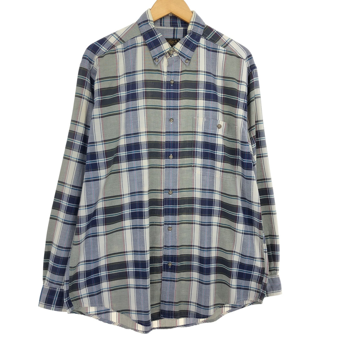 Vintage 80s-90'S Eddie Bauer black tag long-sleeved button-down plaid shirt, men's size L cotton navy blue type Vintage Second Hand