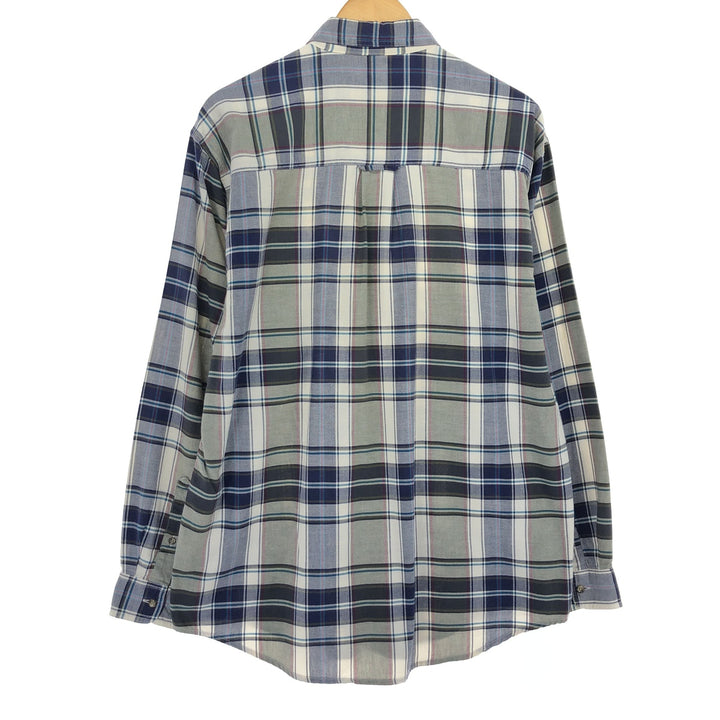 Vintage 80s-90'S Eddie Bauer black tag long-sleeved button-down plaid shirt, men's size L cotton navy blue type Vintage Second Hand