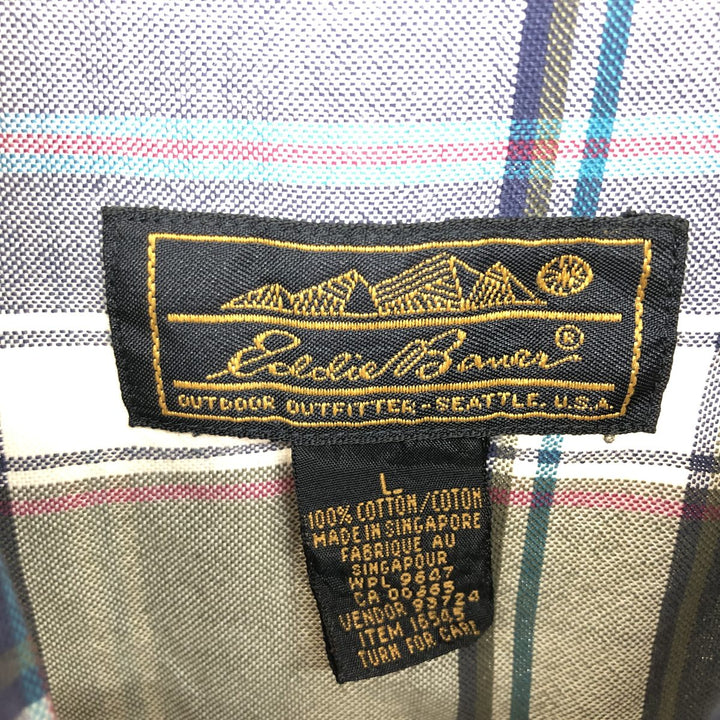 Vintage 80s-90'S Eddie Bauer black tag long-sleeved button-down plaid shirt, men's size L cotton navy blue type Vintage Second Hand