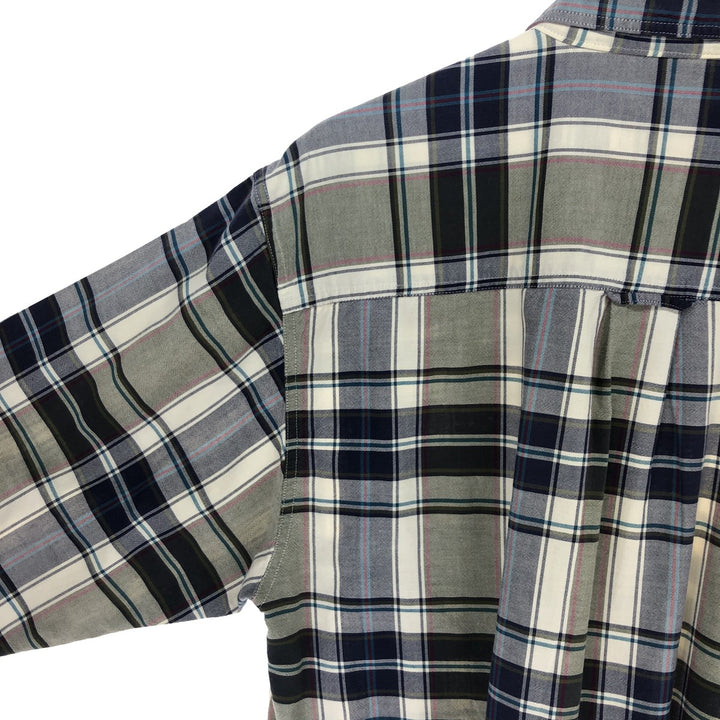 Vintage 80s-90'S Eddie Bauer black tag long-sleeved button-down plaid shirt, men's size L cotton navy blue type Vintage Second Hand