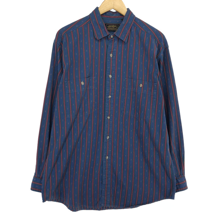 Vintage 80s-90'S Eddie Bauer all-over print long-sleeved cotton striped shirt with black tag, men's size L cotton navy blue type Vintage Second Hand