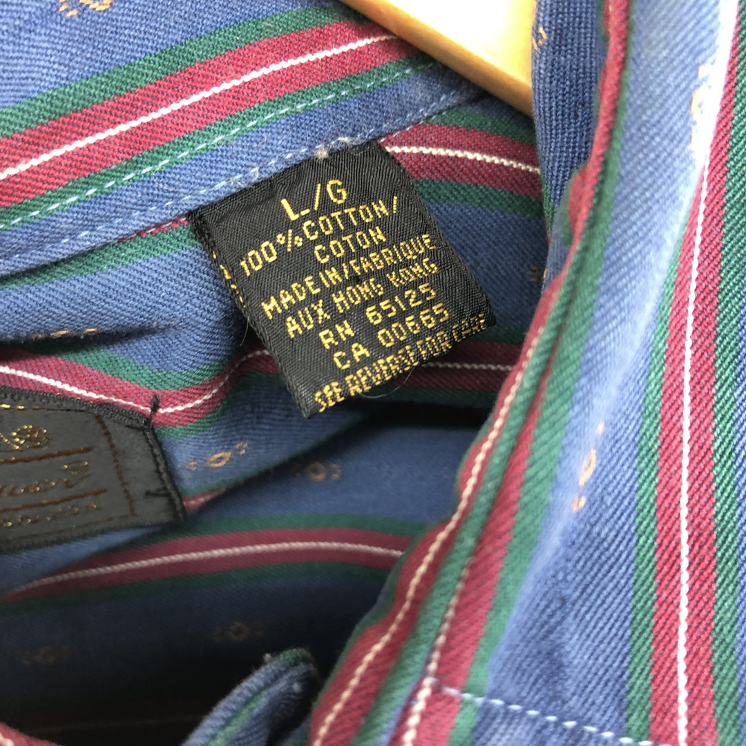 Vintage 80s-90'S Eddie Bauer all-over print long-sleeved cotton striped shirt with black tag, men's size L cotton navy blue type Vintage Second Hand