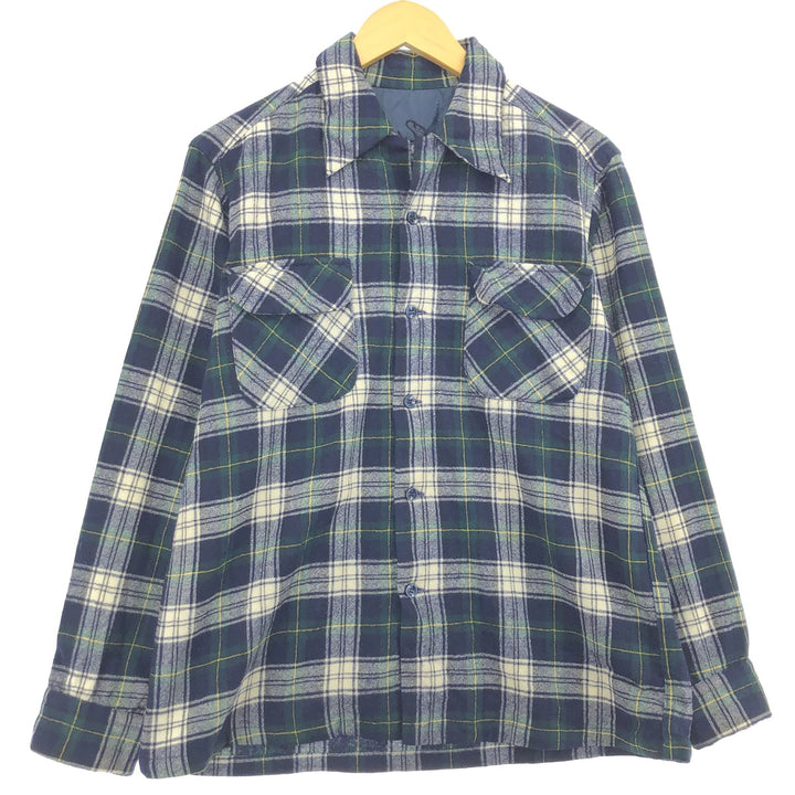 ~70'S UNKNOWN Check Pattern Open Collar Wool Box Shirt Men's L Size Vintage /eaa486868