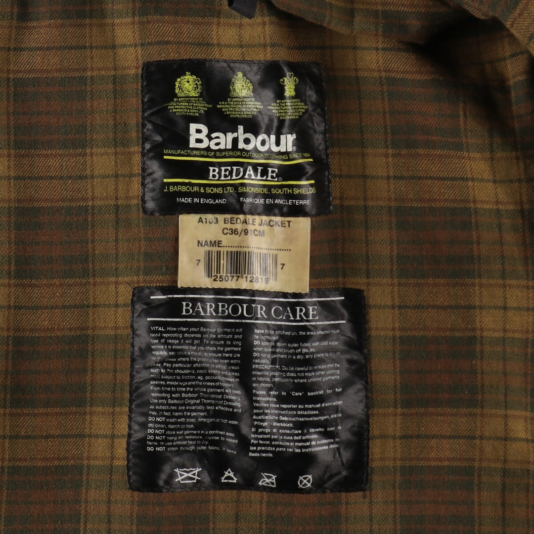 90'S Barbour BEDALE 3 Warrant Waxed Cotton Oiled Jacket Made in England C36 Men's S /eaa490418