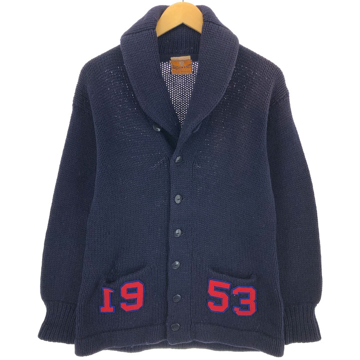 50s~ BISON KNIT shawl collar wool lettered knit cardigan, men's size L, vintage /eaa491038