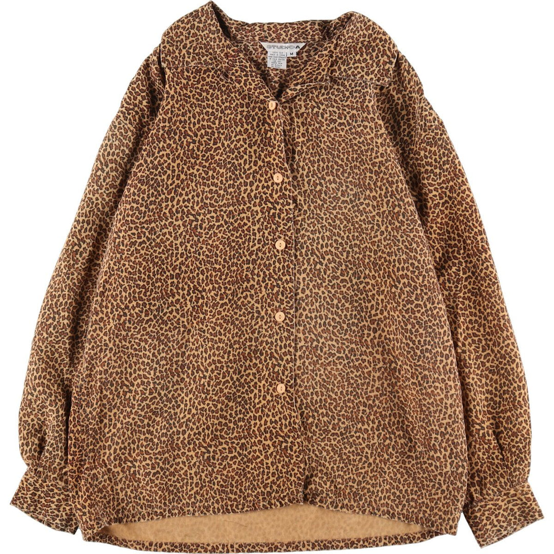 STUDIO A Leopard Pattern Open Collar Long Sleeve Silk Shirt Women's M Size /eaa491195